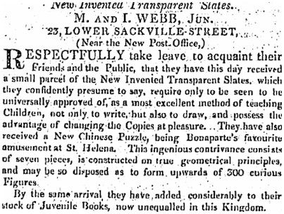 Advertisement for tangrams from Freeman's Journal, 19 June 1817
