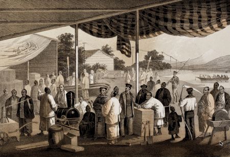 Demonstration of American manufactures at Yokohama, March, 1854. Note the telegraph wire in the background.